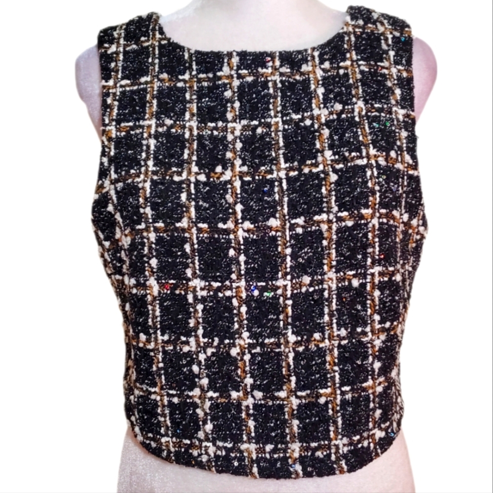 Joaquin Blanco black tan windowpane boucle sleeveless sequin back zip crop top M